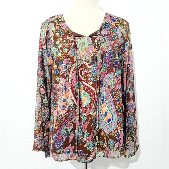 NorthStyle Women's Boho Paisley Blouse Size 6 Brown Multicolor Long Sleeve Top - Picture 1 of 11